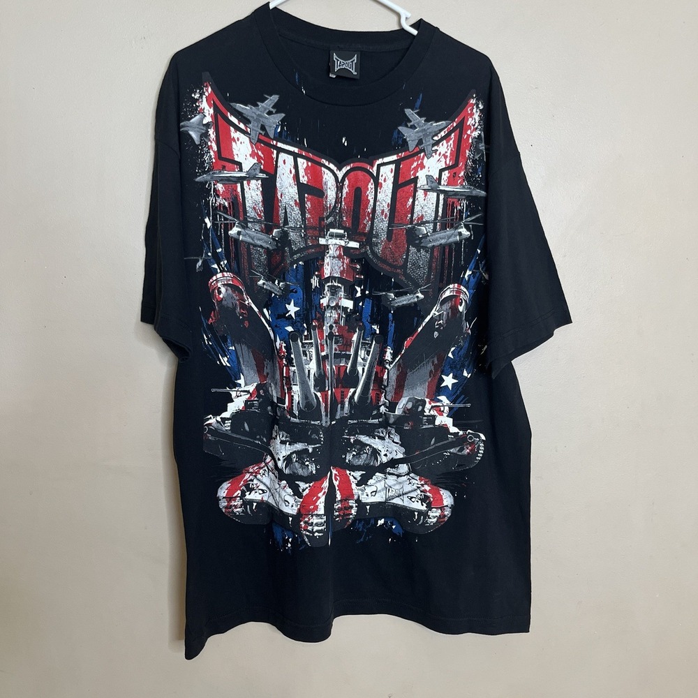 Vintage Y2K Tapout T-Shirt Huge Graphic‎ Men Size XL Flag Tanks War Ship Black